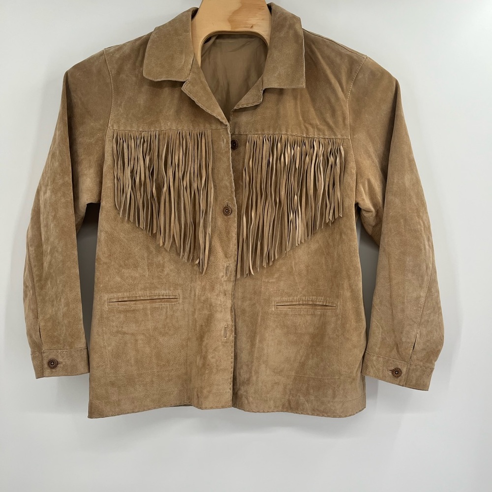 Vintage iOS Women's Western Suede Leather Fringed Jacket Tan Sz XL